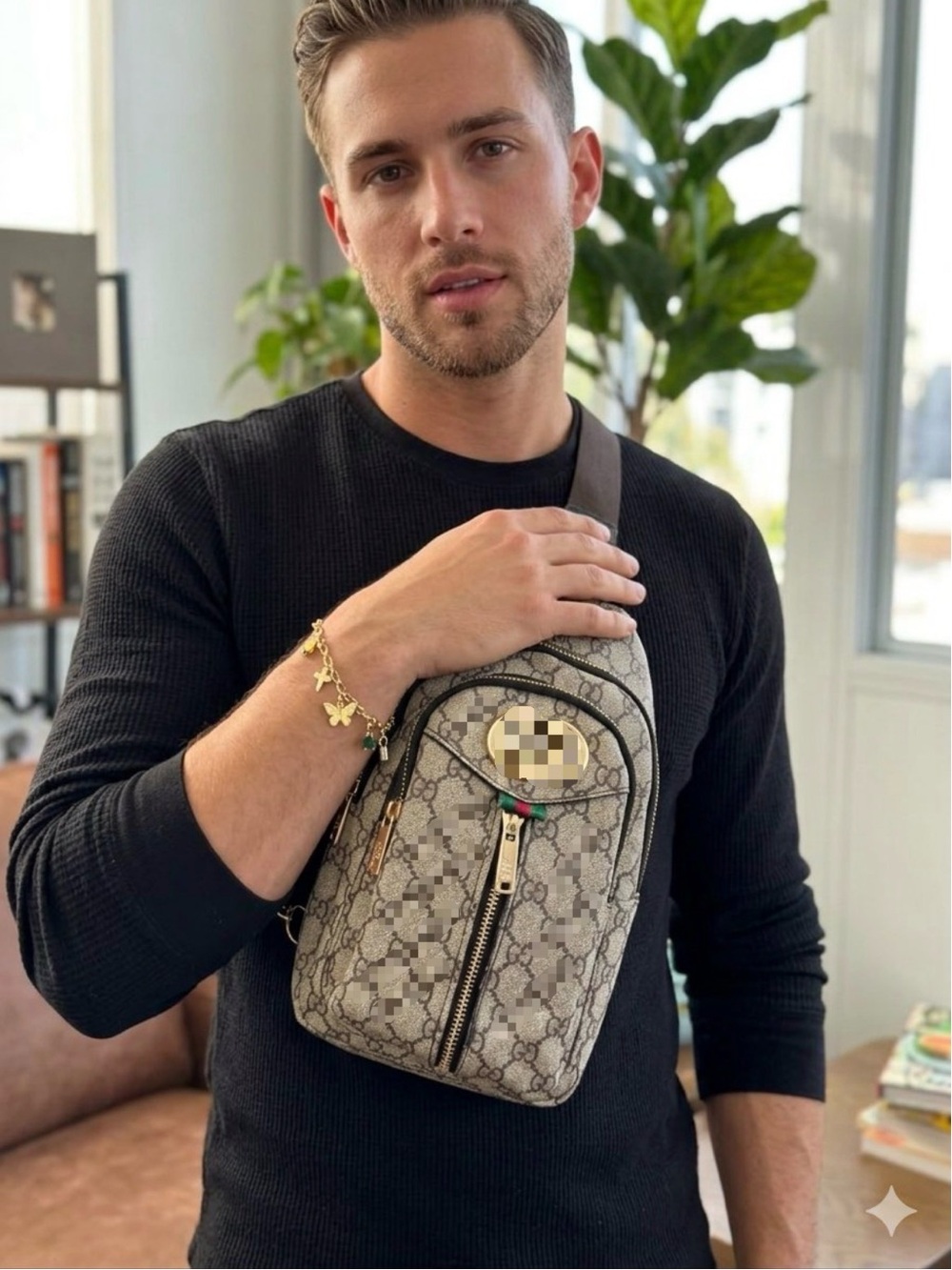 Unisex Beige Patterned Men's Sling Bag with Adjustable Strap